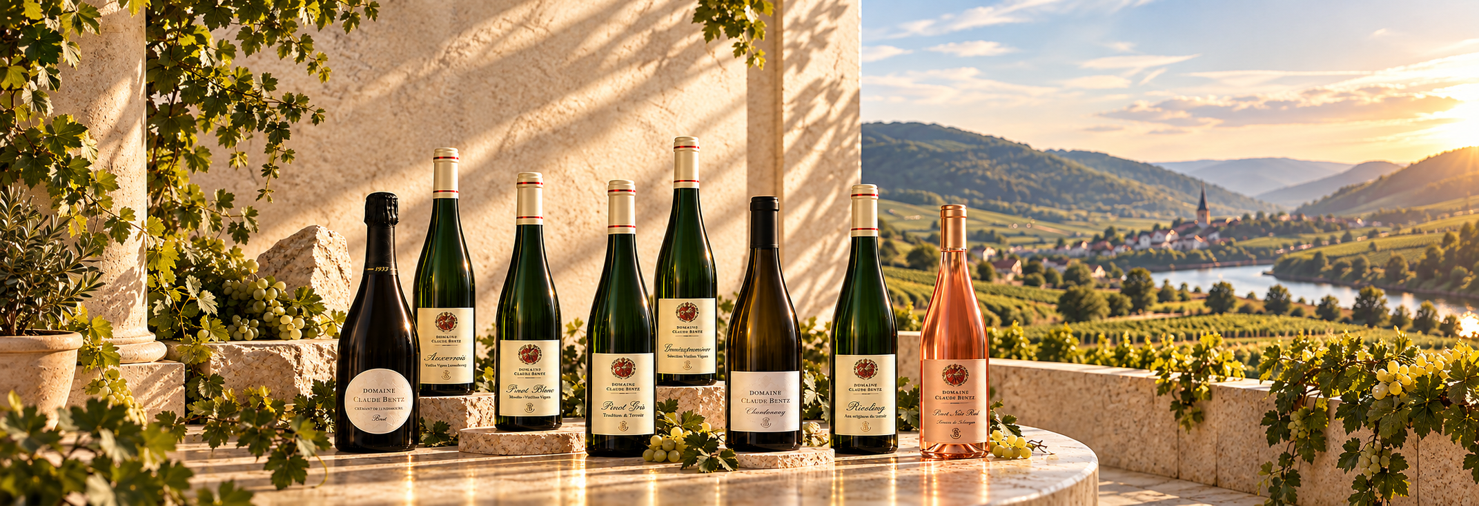 The eight Domaine Claude Bentz wines overlooking the Moselle vineyards